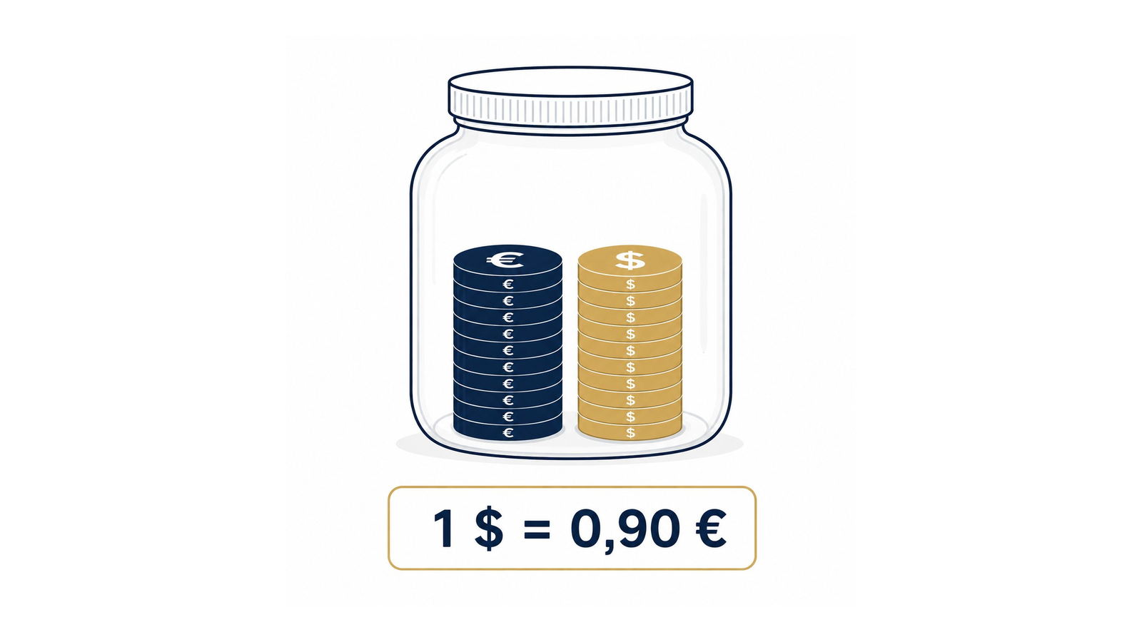 Een AMM-pot in evenwicht, met gelijke stapels euro- en dollar-munten en prijslabel 1 dollar is 0,90 euro
