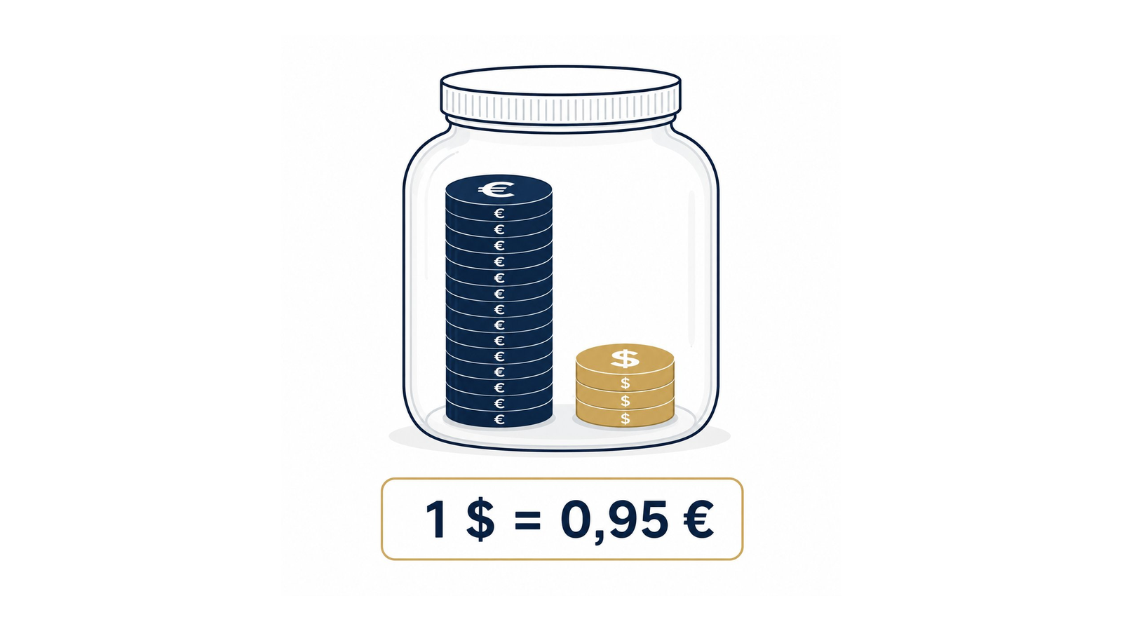 Een AMM-pot na een ruil, met veel meer euro-munten dan dollar-munten en prijslabel 1 dollar is 0,95 euro