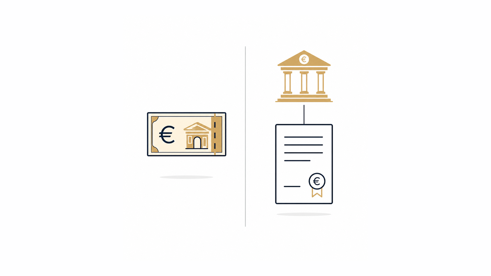 Links een bankbiljet als bezit, rechts een document dat een vordering op de bank voorstelt: het verschil tussen cash in handen en een saldo op je rekening