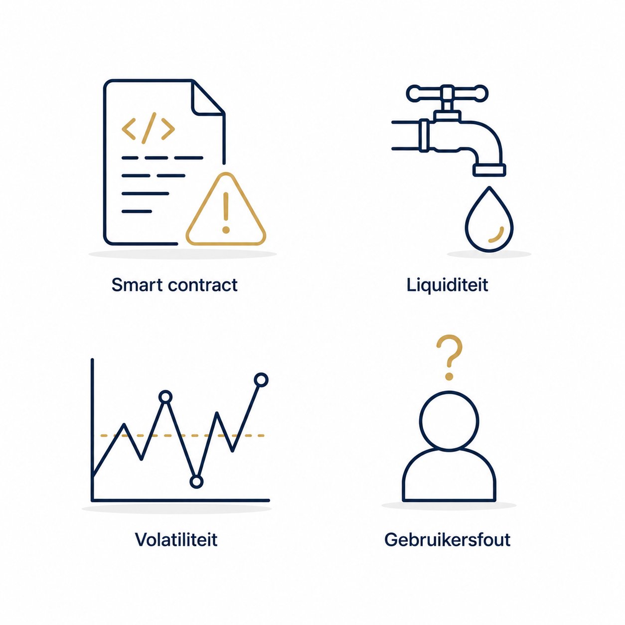 De vier hoofdrisico's van DeFi: smart contract bugs, liquiditeitsrisico, volatiliteitsrisico en gebruikersfouten